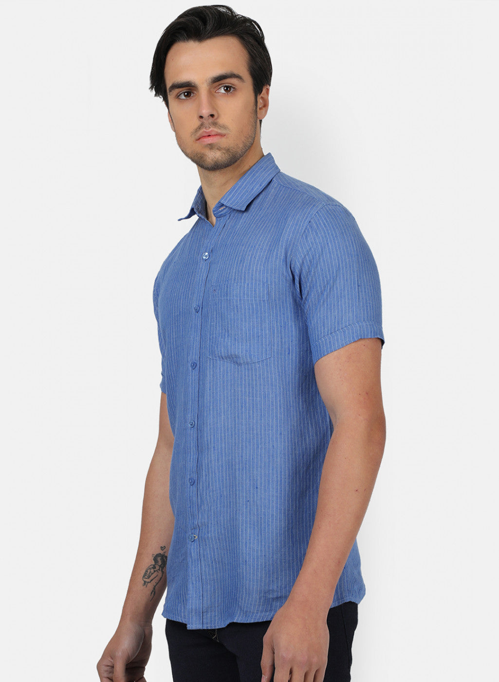 Men Blue Stripe Linen Shirt