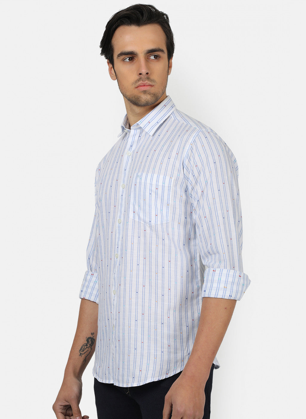 Men Sky Blue Stripe Linen Shirt