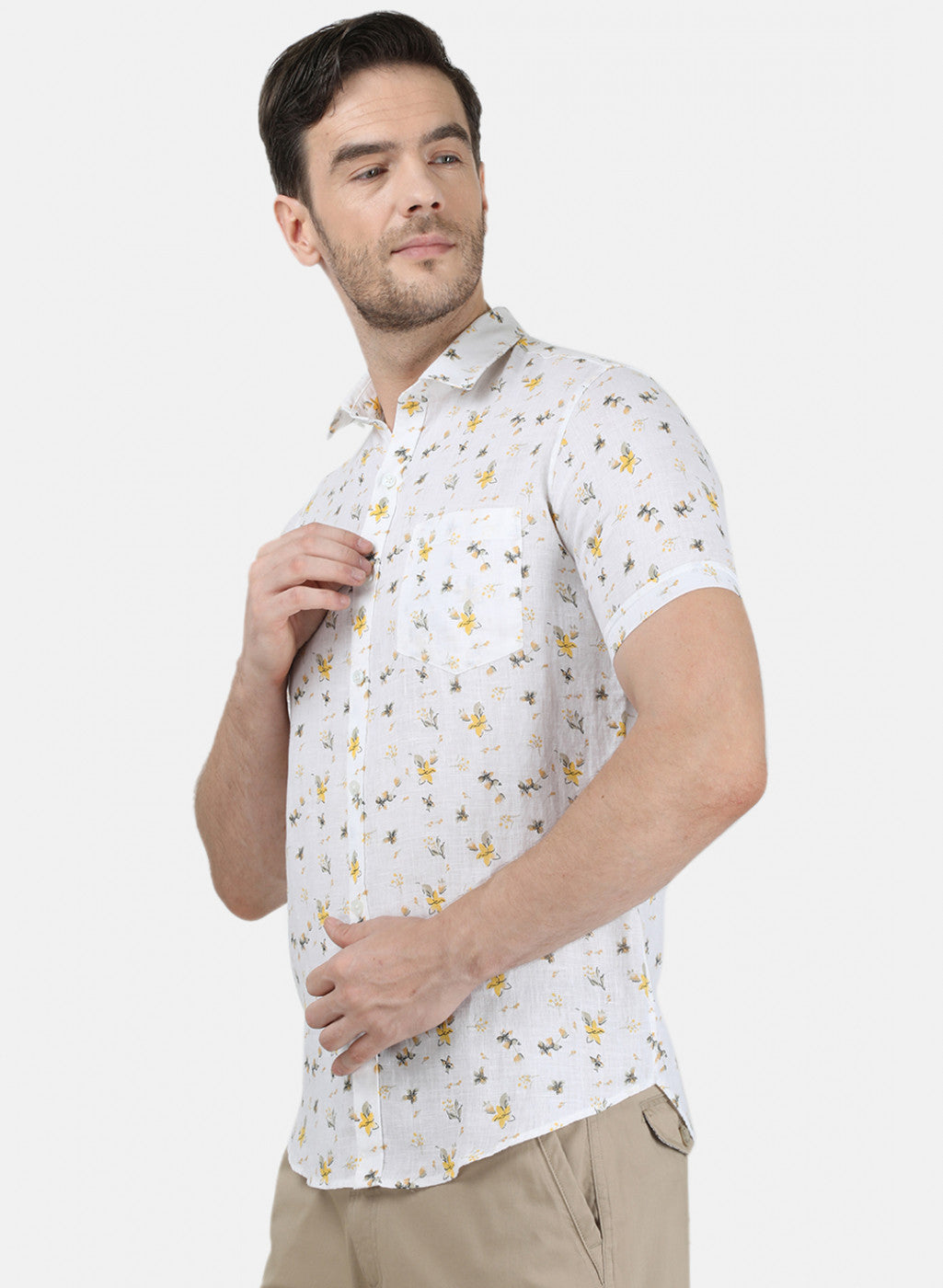 Mens Yellow Printed Linen Shirt