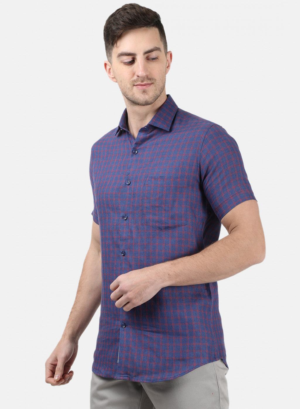 Men Blue Check Linen Shirt