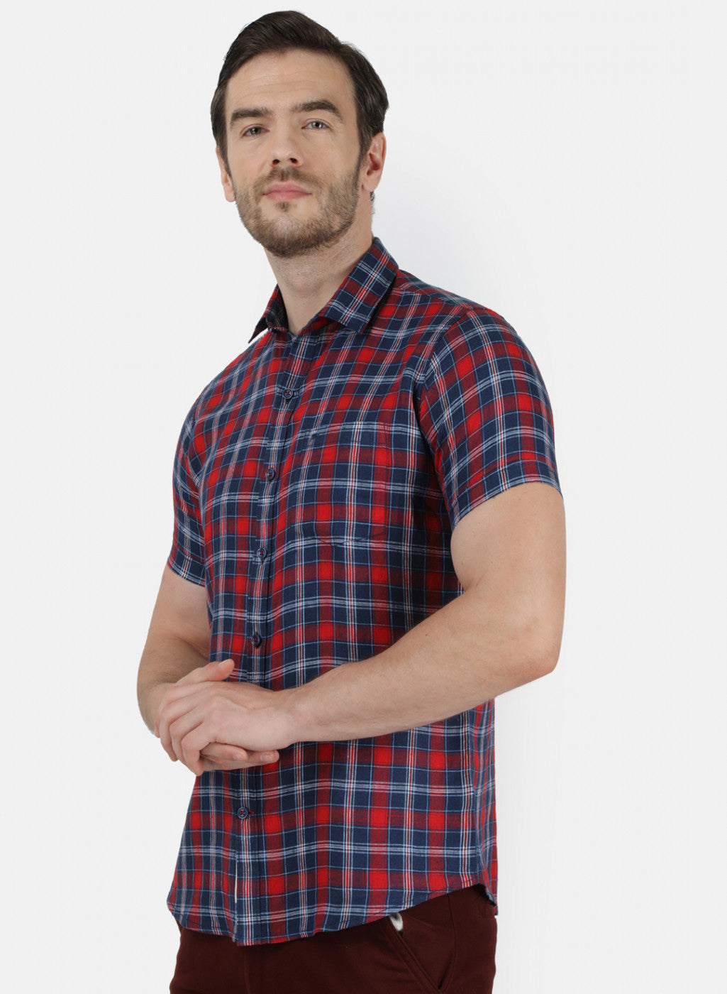 Mens Maroon Check Linen Shirt