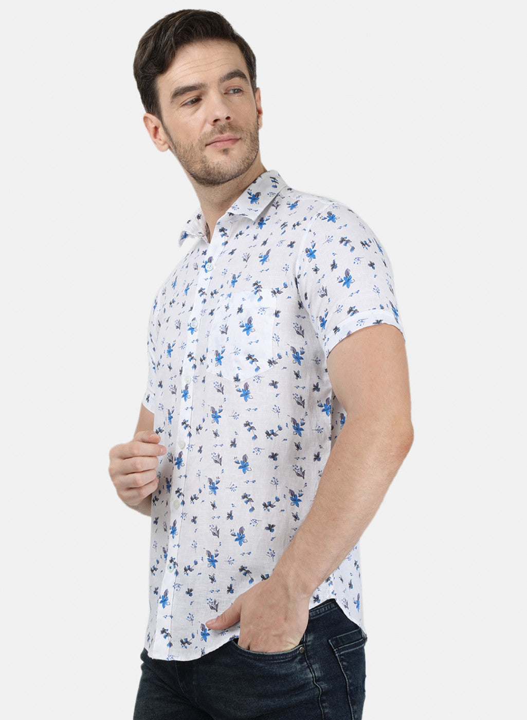 Mens Blue Printed Linen Shirt