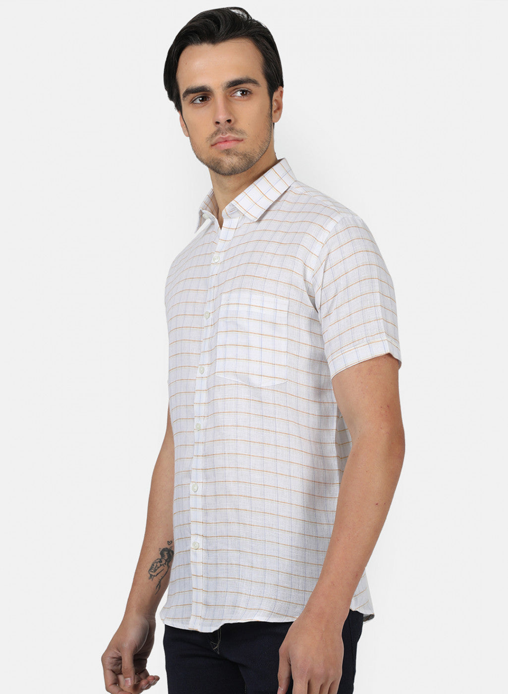 Men White Check Linen Shirt