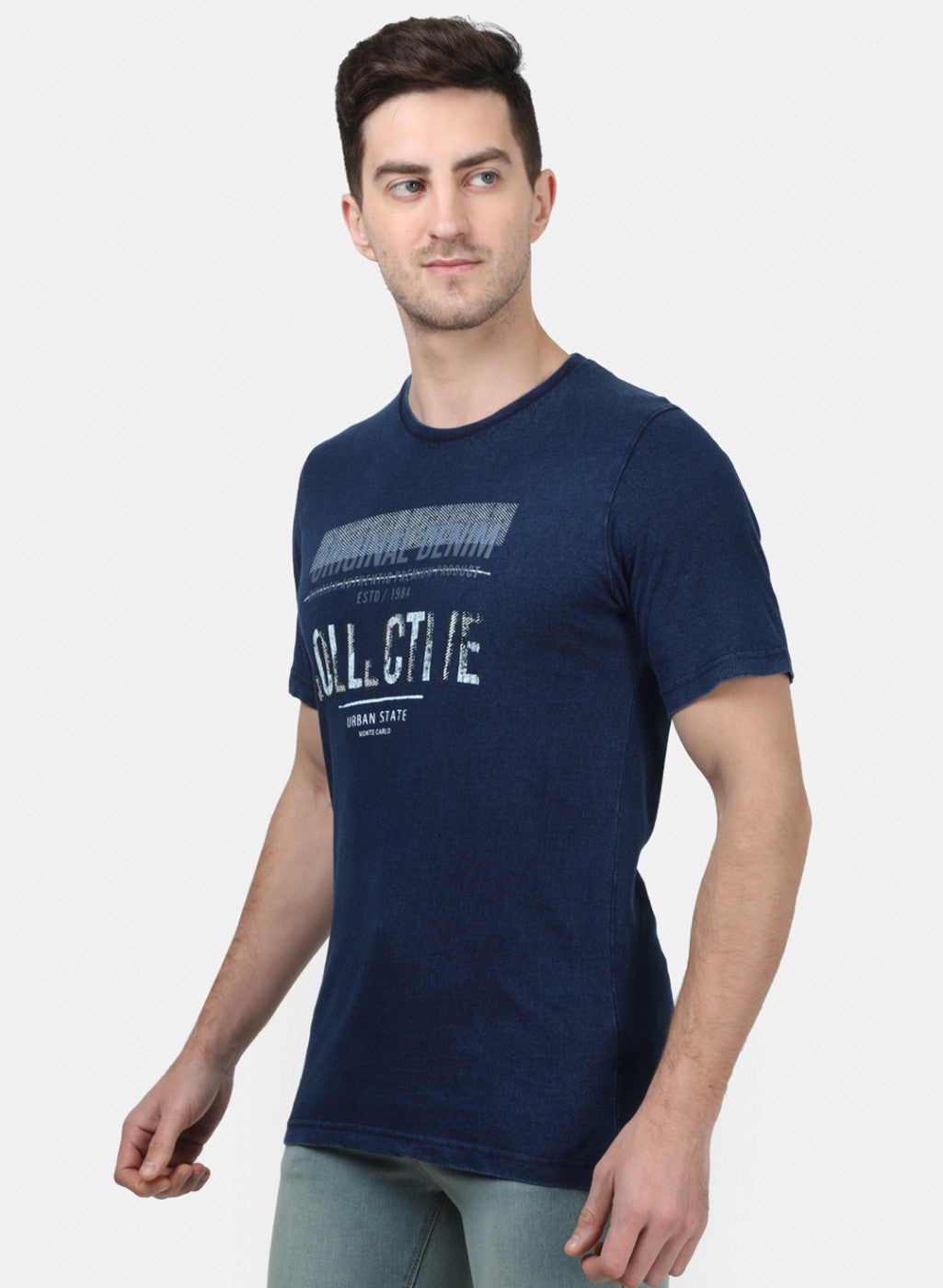 Mens Blue Self T-Shirt