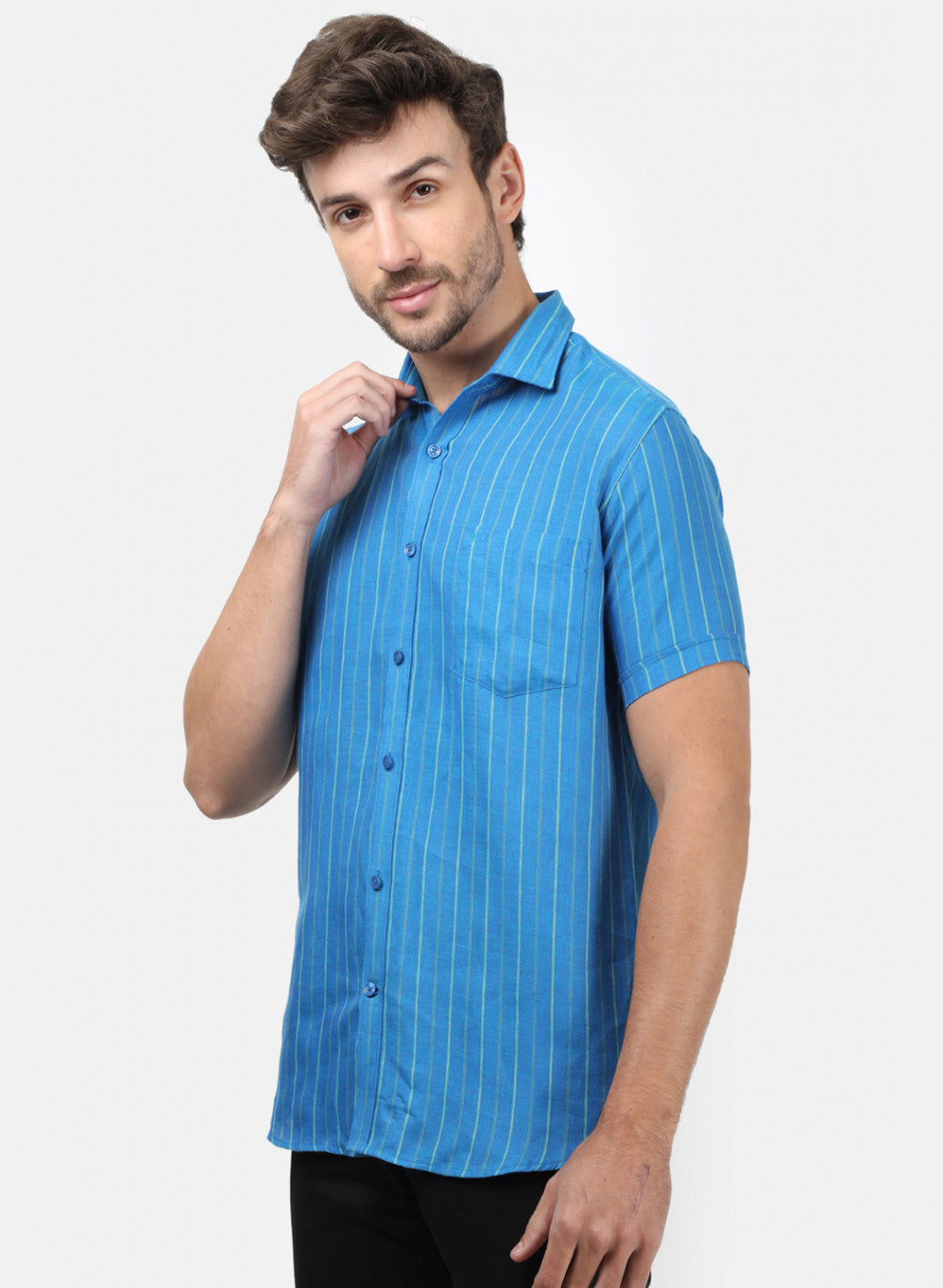 Men Blue Stripe Linen Shirt
