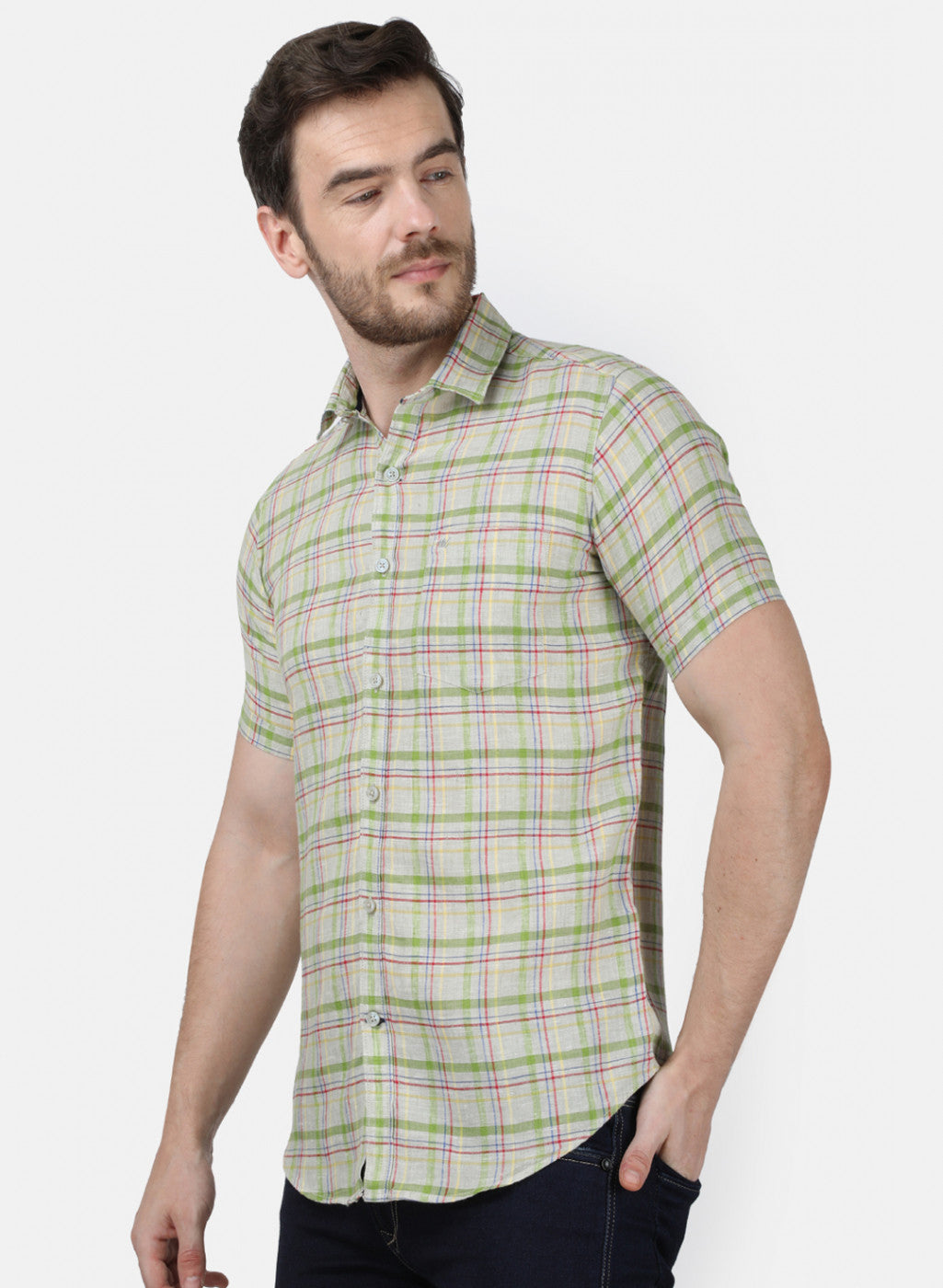 Mens Olive Check Linen Shirt