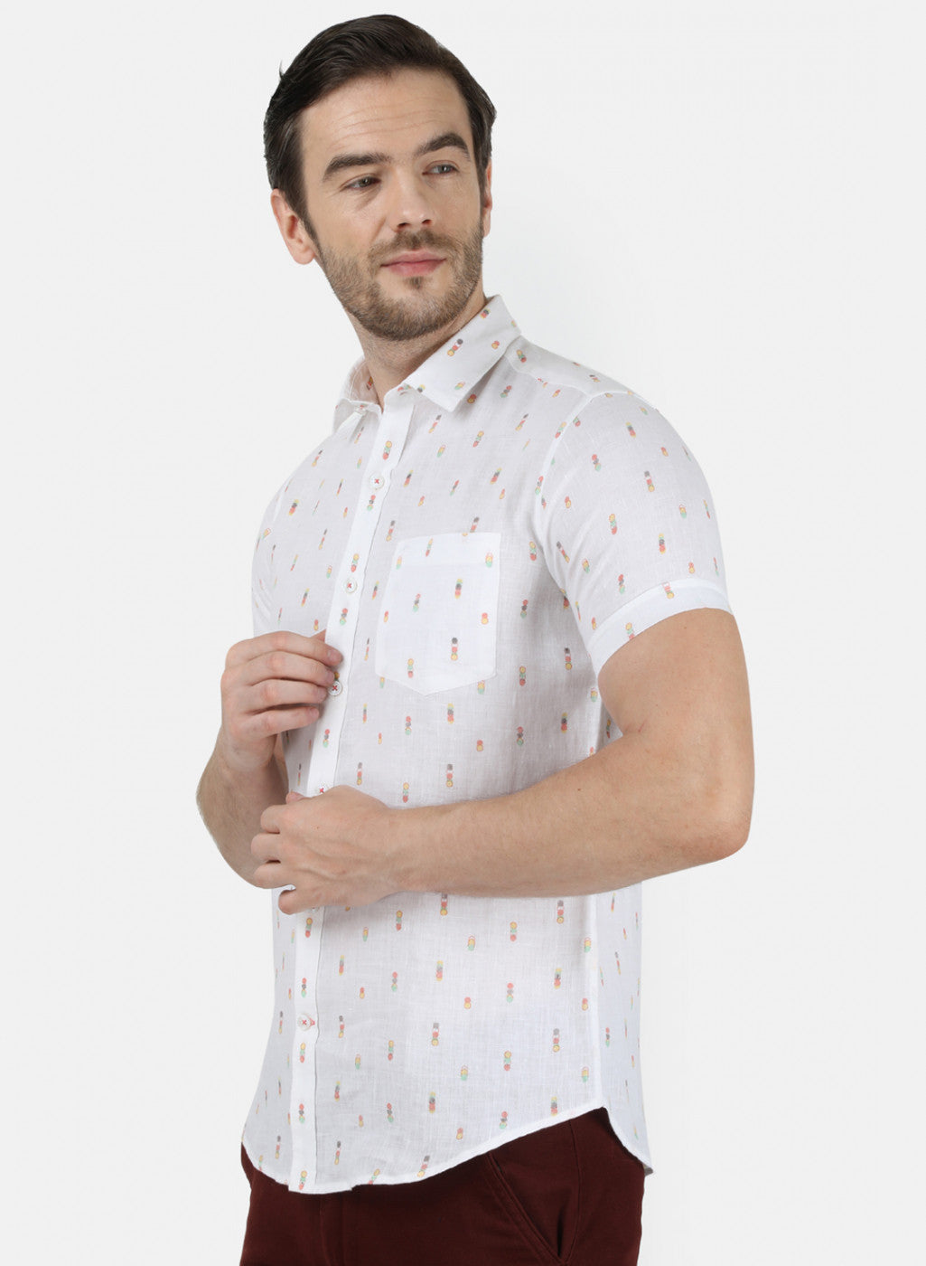 Mens White Printed Linen Shirt