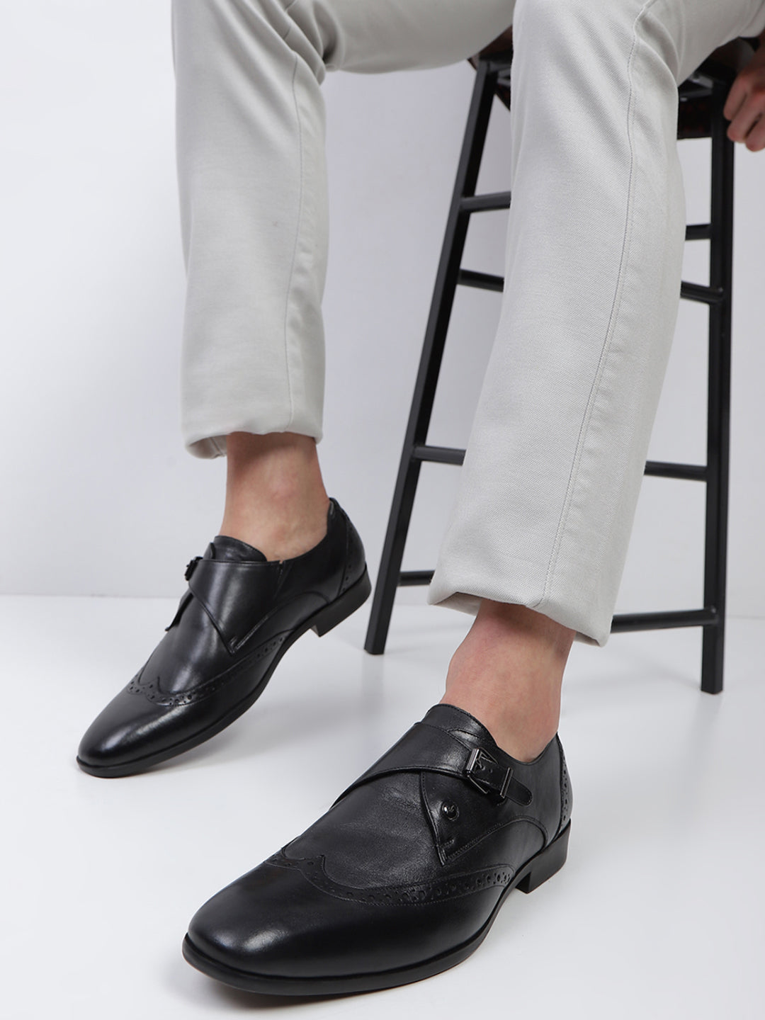 Men Black Buckle Genuine Leather Formal Monks