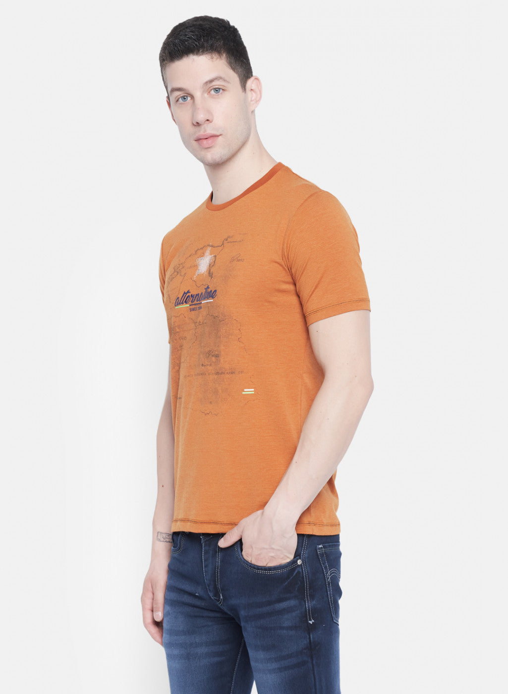 Mens Orange Printed T-Shirt