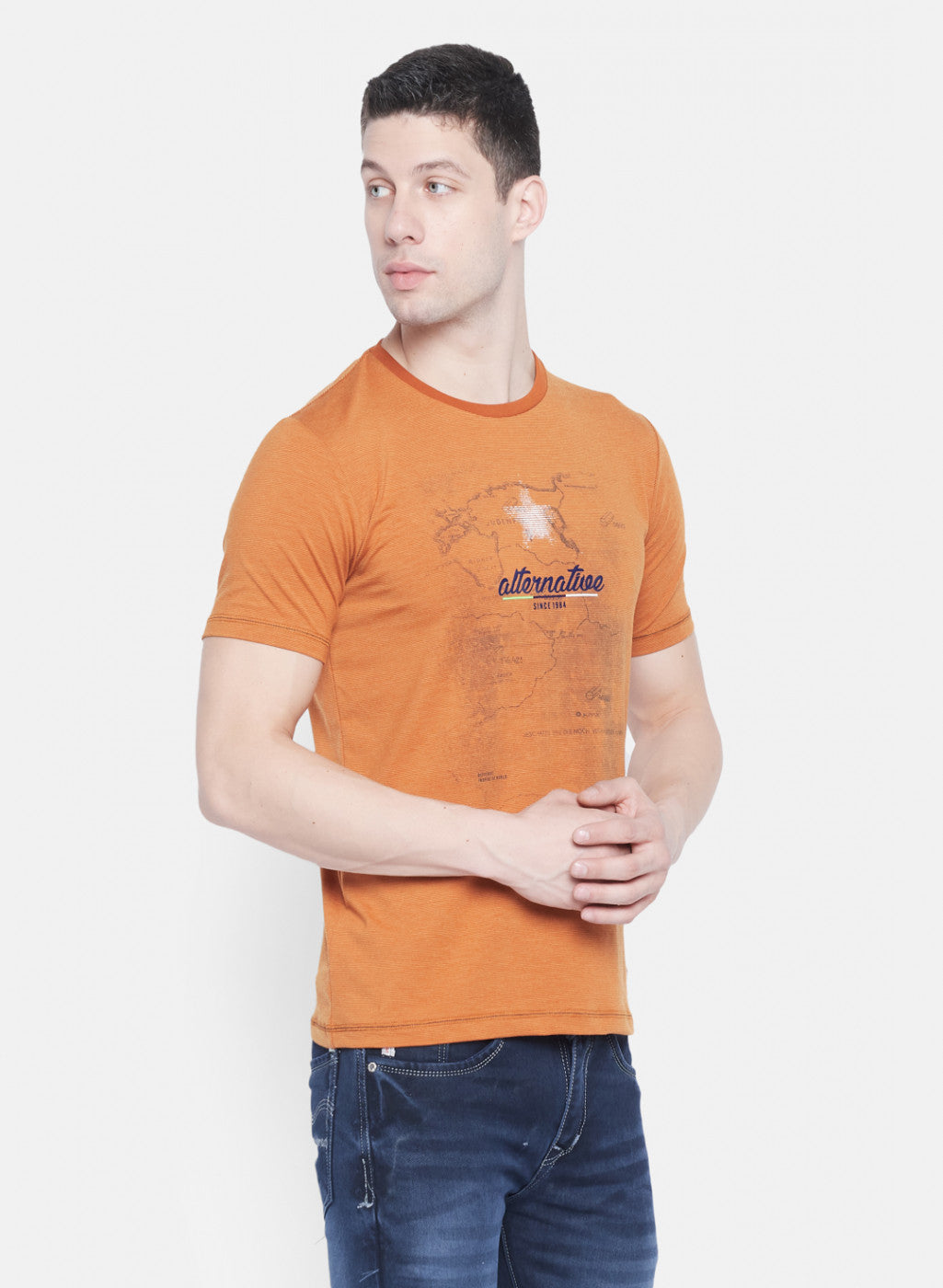 Mens Orange Printed T-Shirt