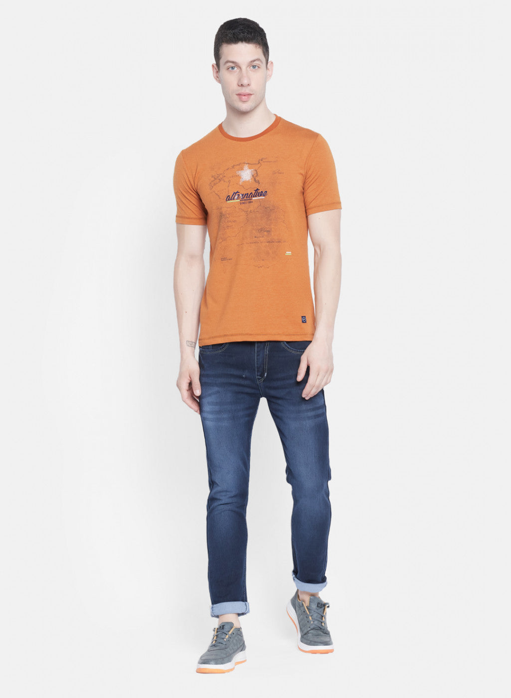 Mens Orange Printed T-Shirt