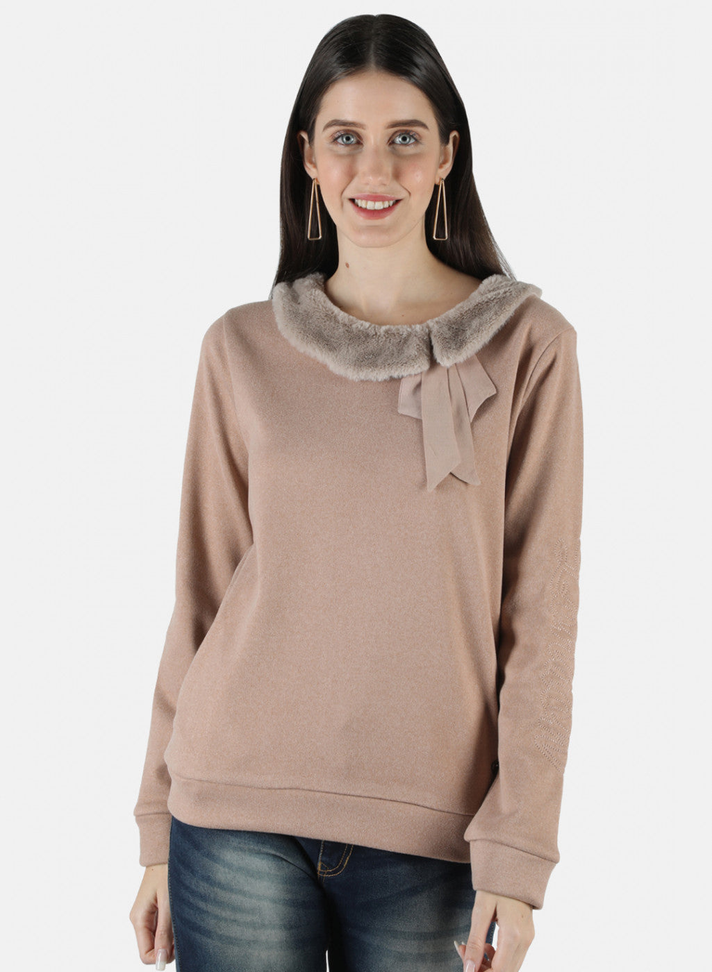 Women Beige Solid Sweatshirt