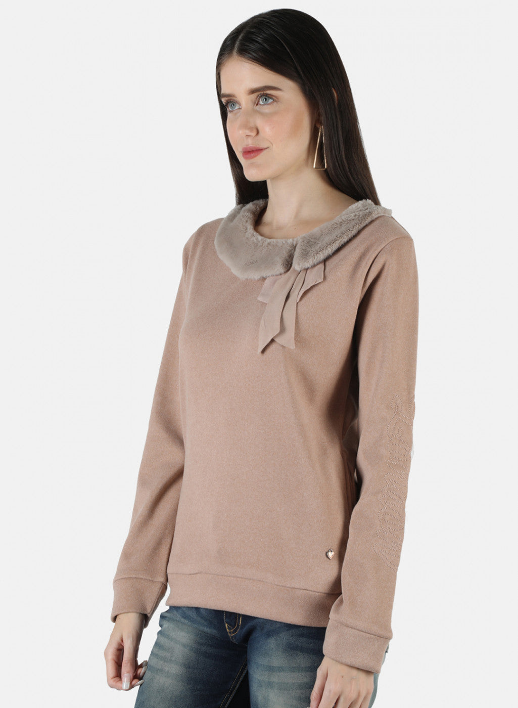 Women Beige Solid Sweatshirt