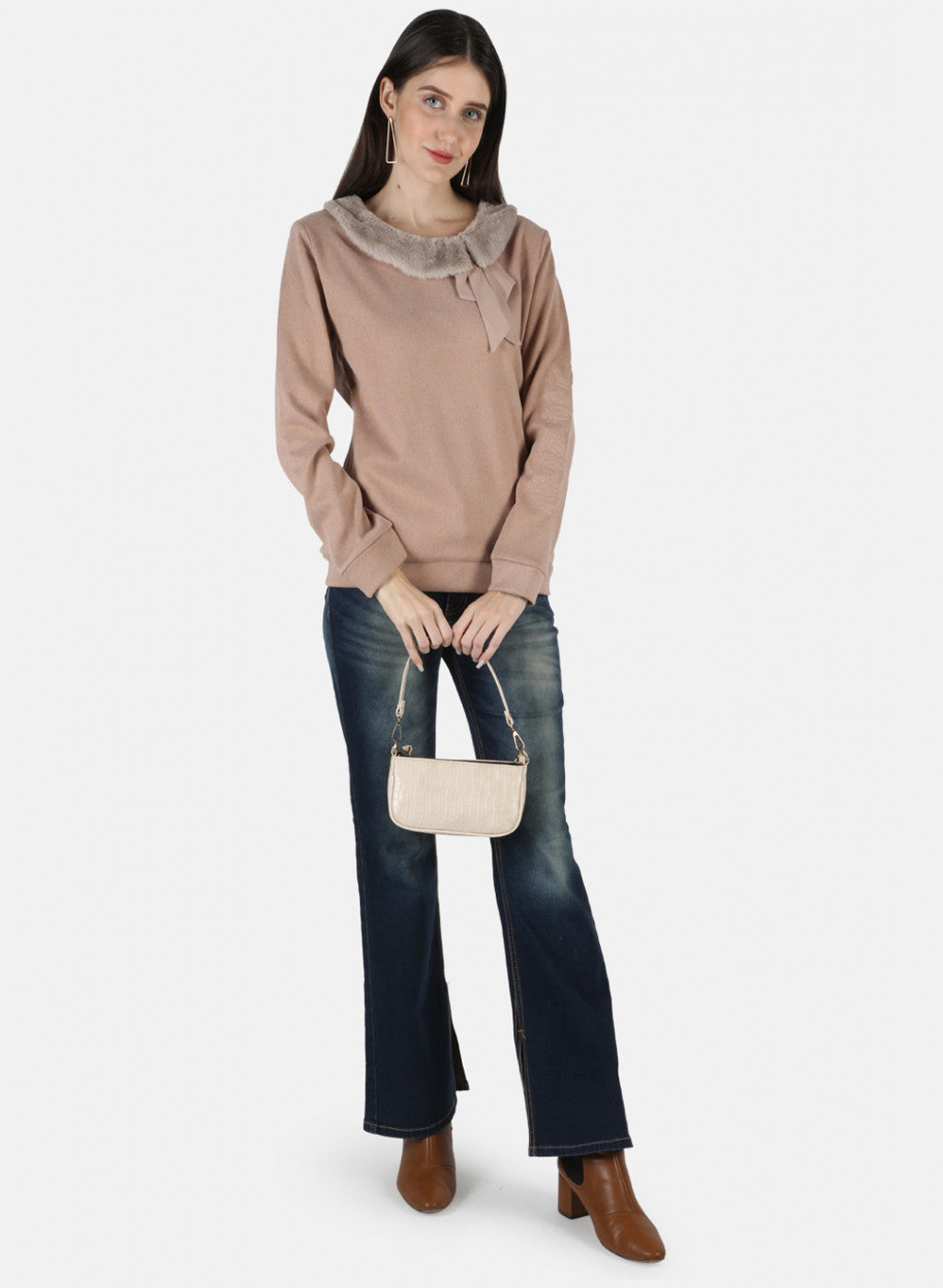 Women Beige Solid Sweatshirt