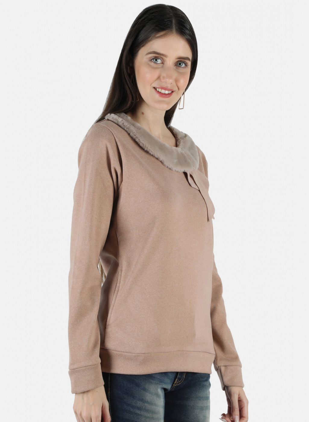 Women Beige Solid Sweatshirt