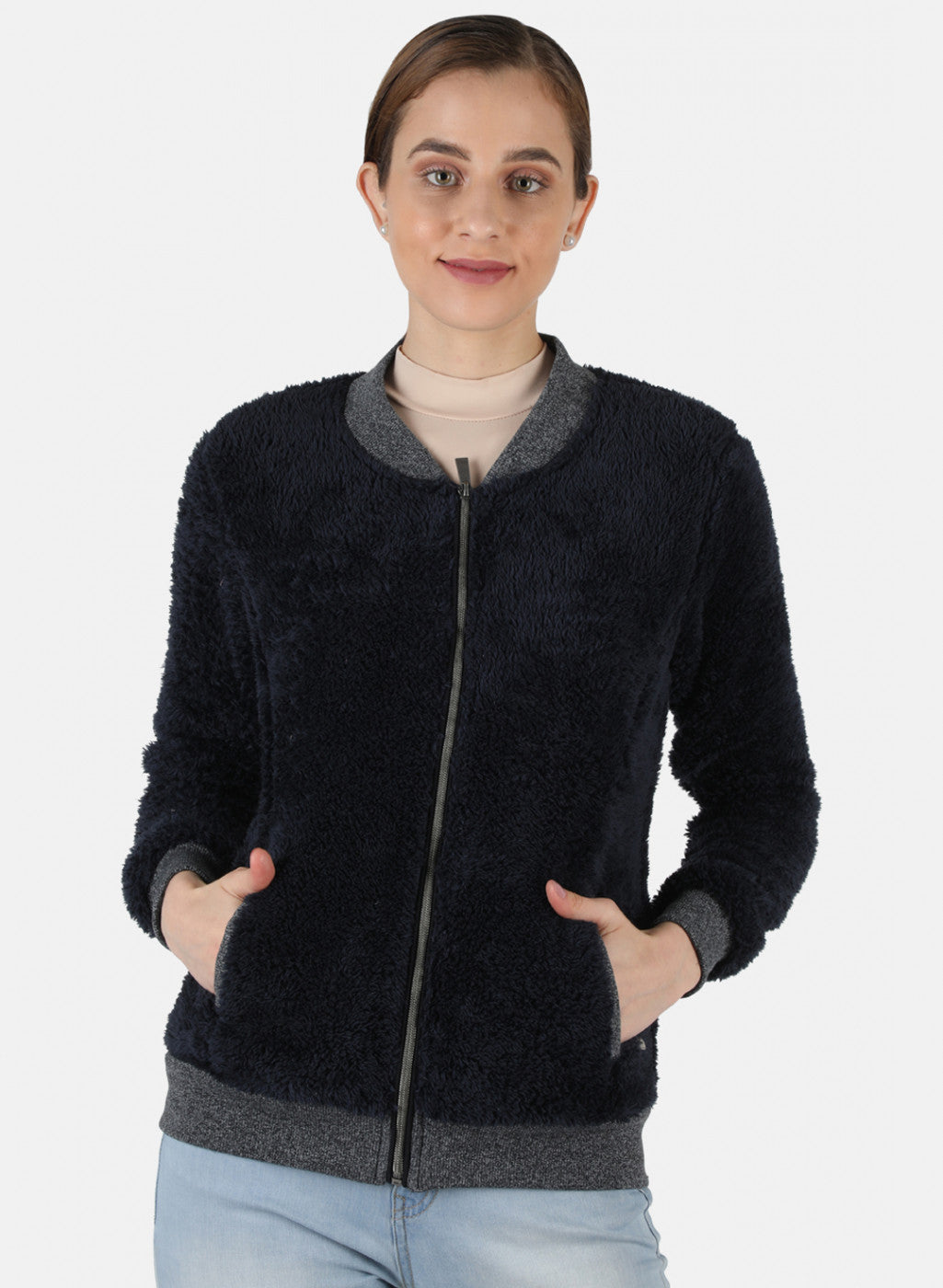 Women Navy Blue Solid Sweatshirt