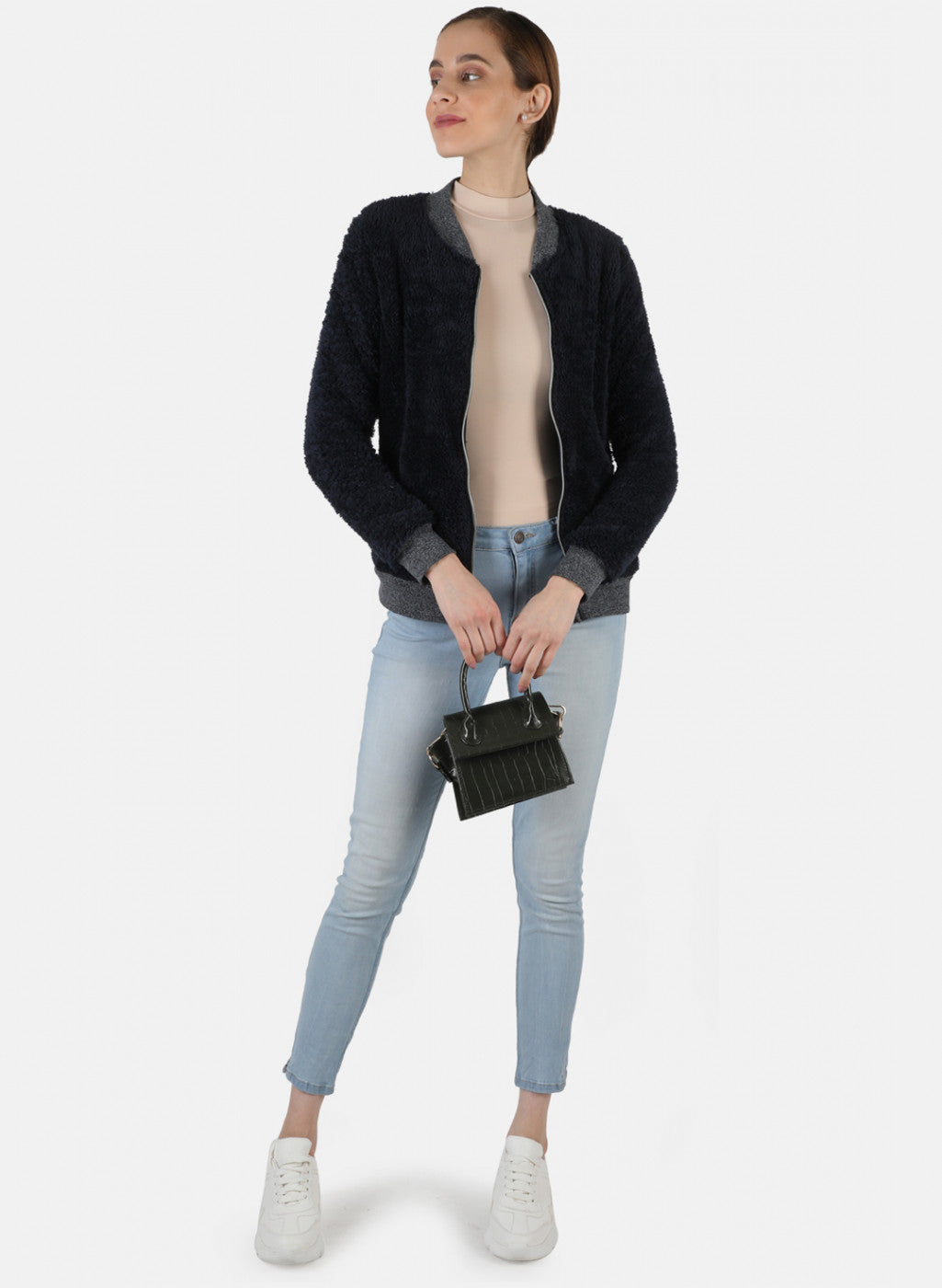 Women Navy Blue Solid Sweatshirt