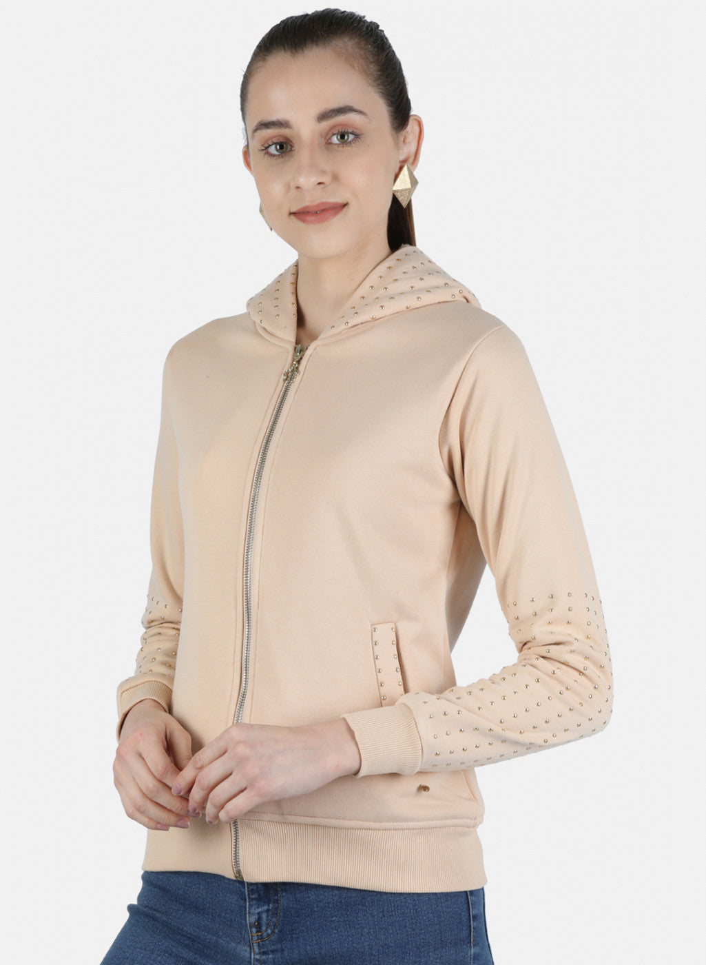 Women Beige Solid Sweatshirt