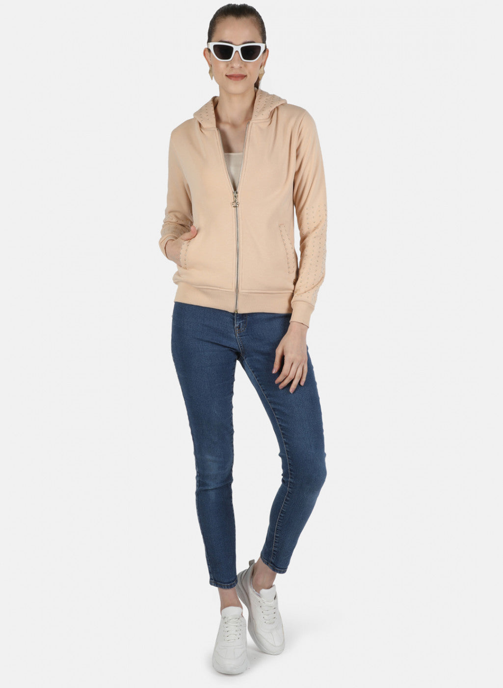 Women Beige Solid Sweatshirt