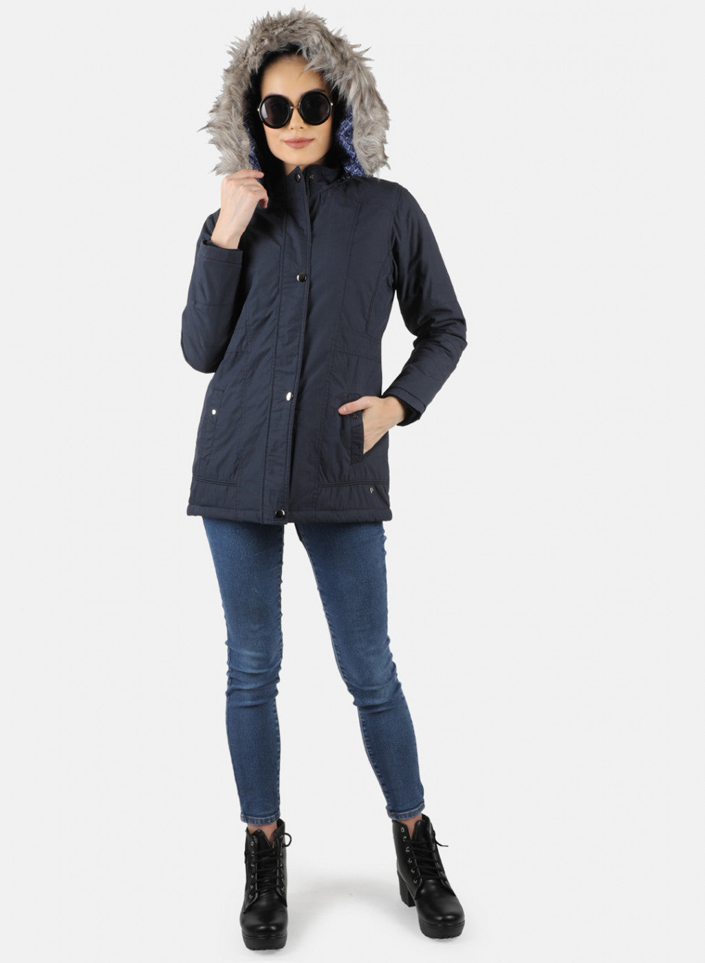 Women Navy Blue Solid Jacket