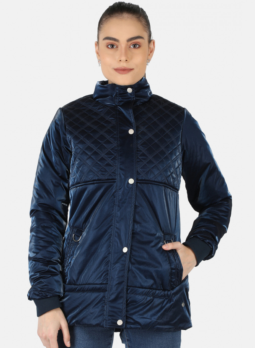 Women Navy Blue Solid Jacket