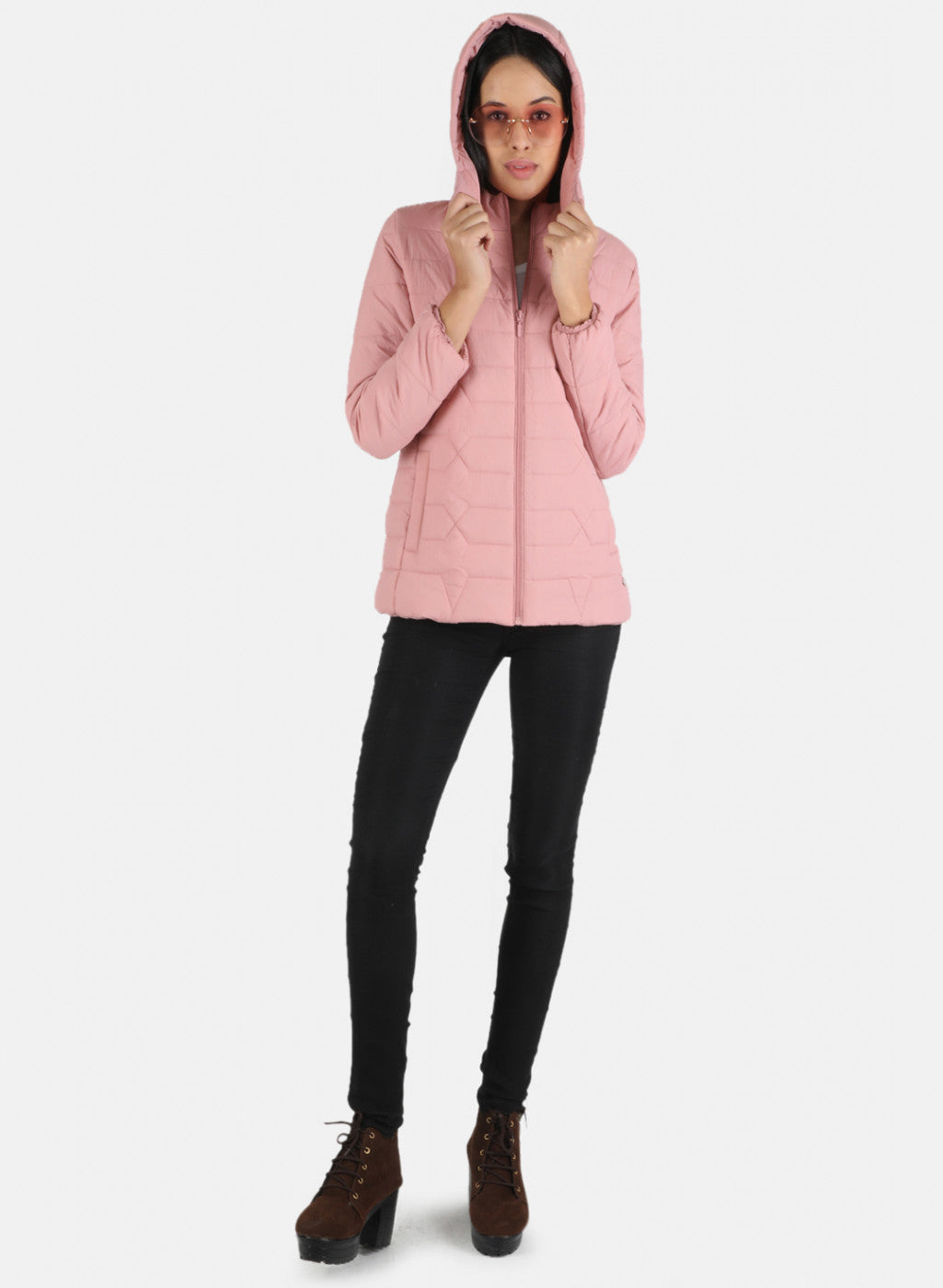 Women Pink Solid Hooded Jacket
