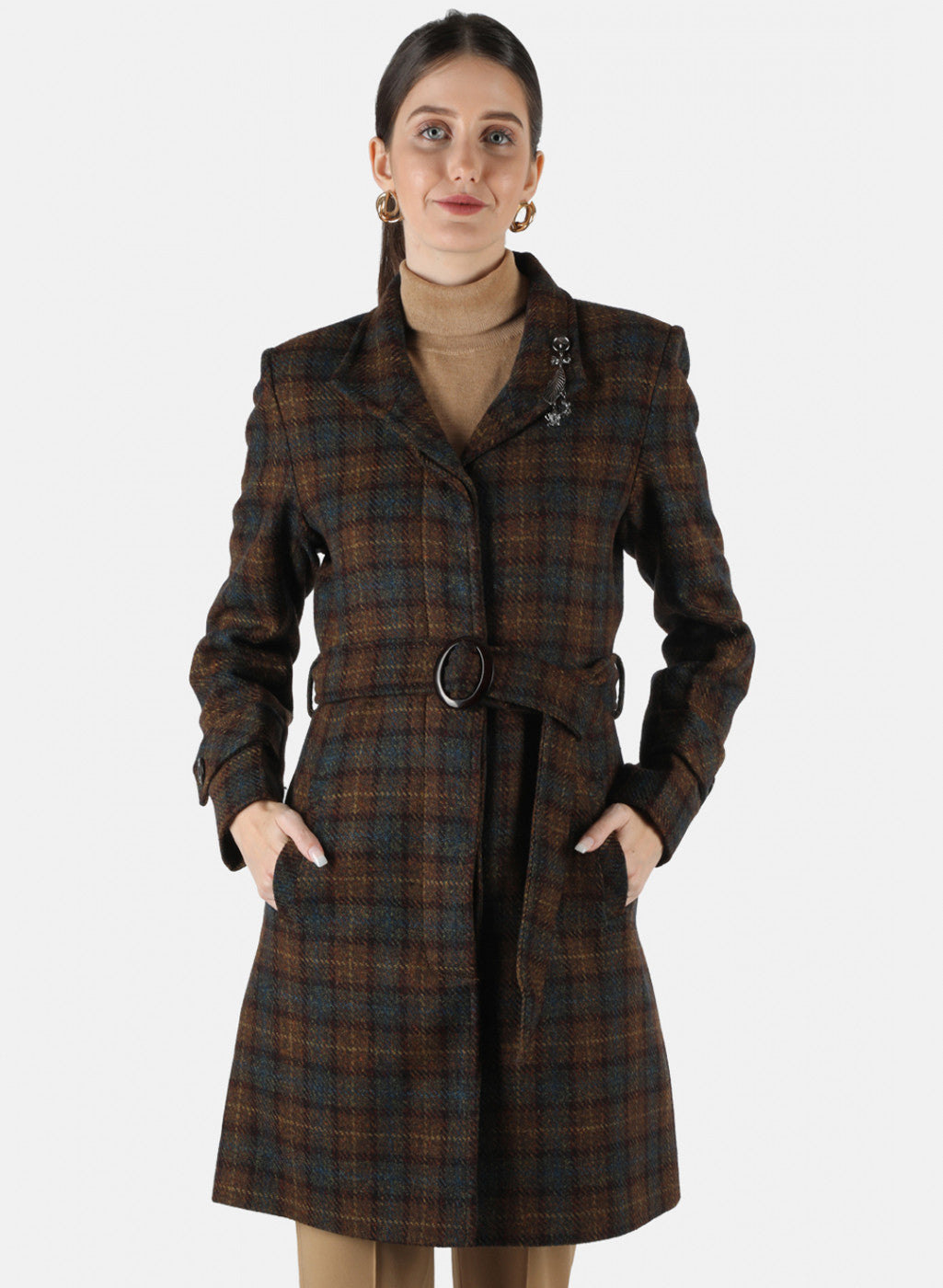 Women Brown Check Coat