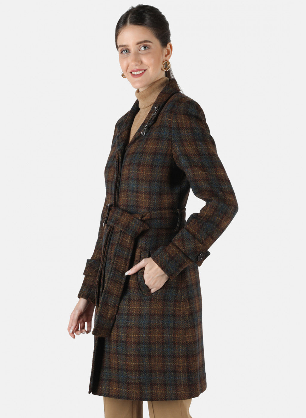 Women Brown Check Coat