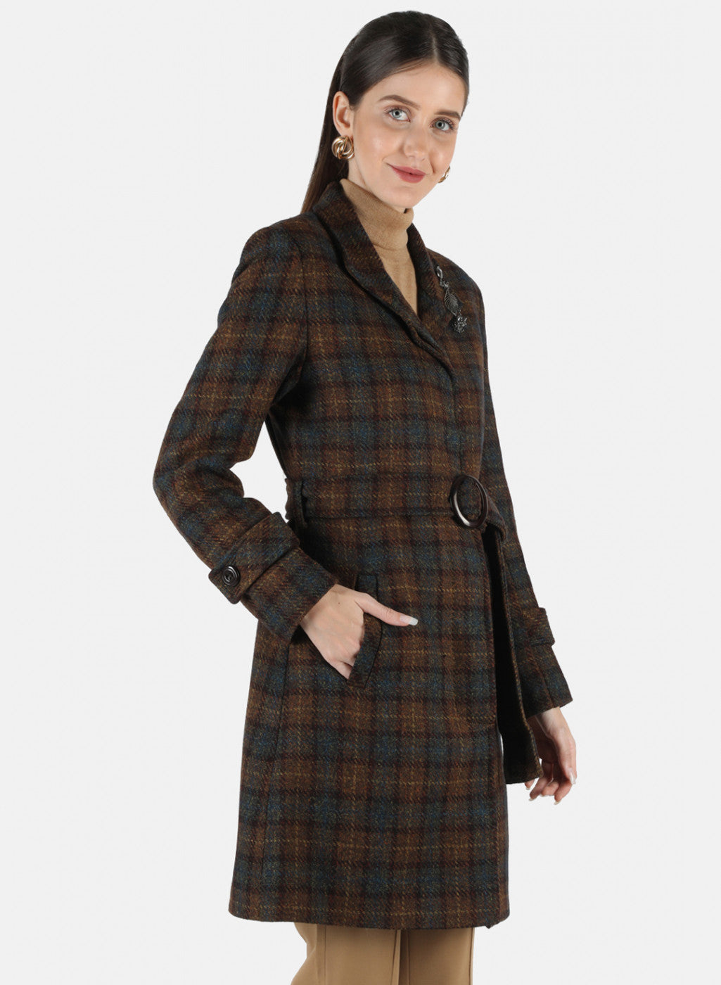 Women Brown Check Coat