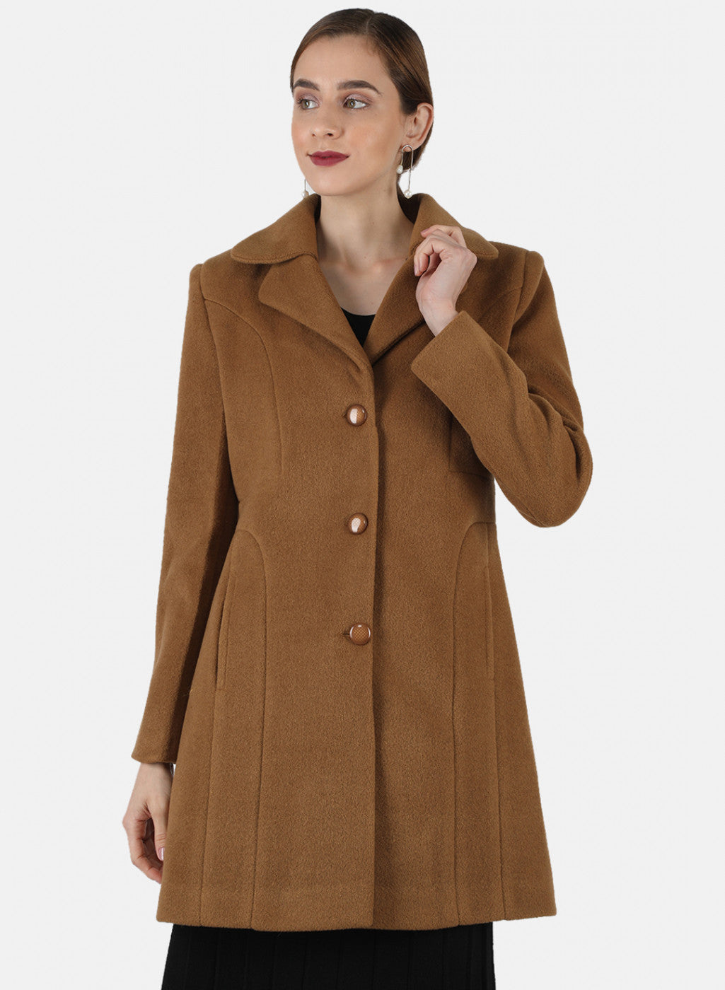 Women Brown Solid Coat - Main Image