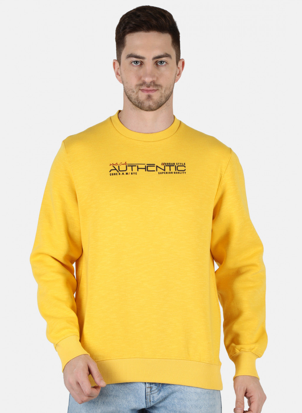 Men Yellow Solid Round Neck Full Sleeve Winter T-Shirt