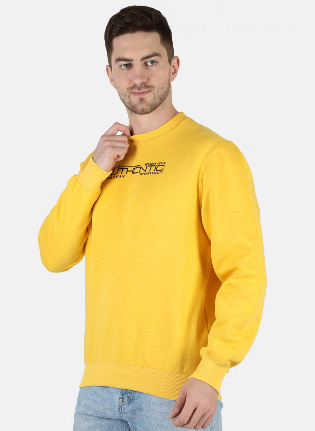 Men Yellow Solid Round Neck Full Sleeve Winter T-Shirt