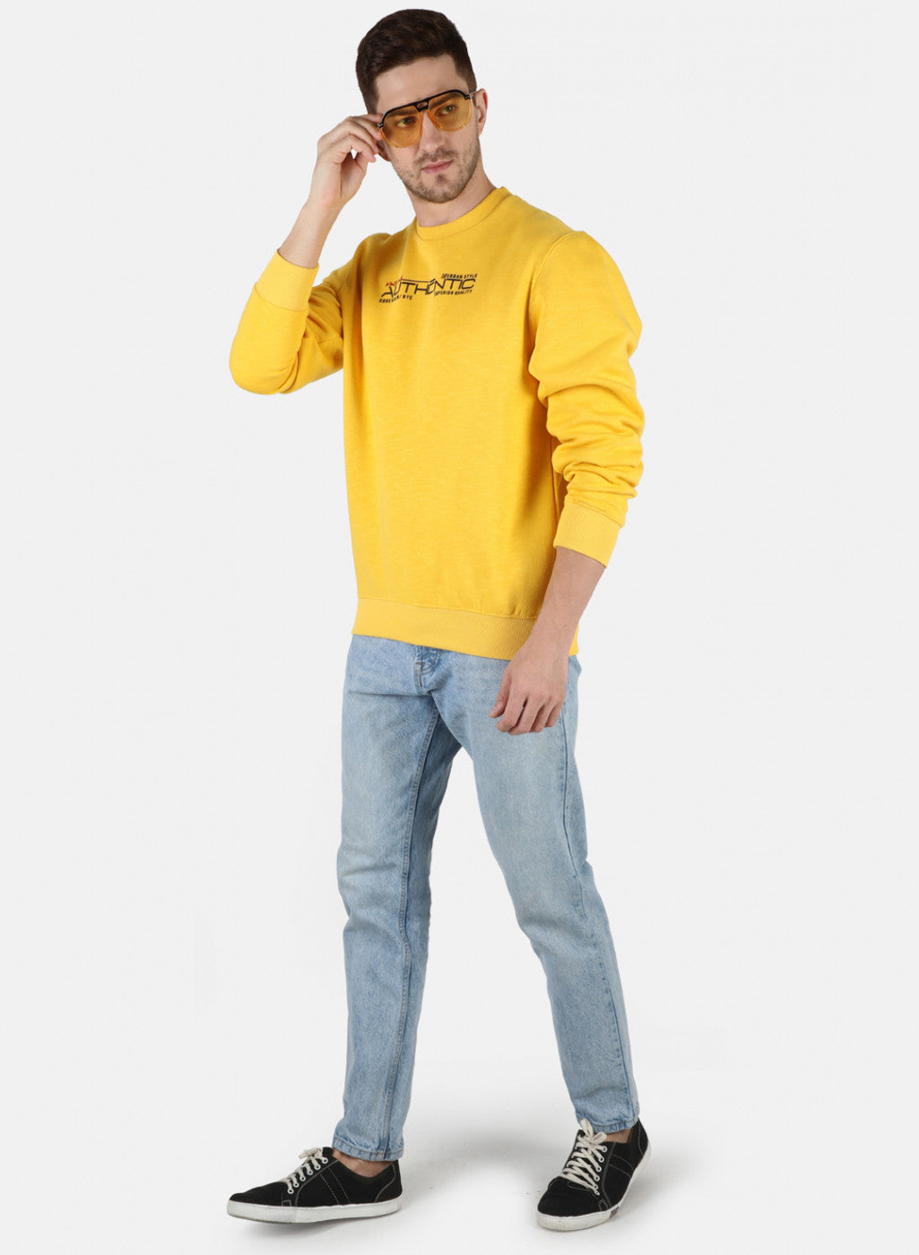 Men Yellow Solid Round Neck Full Sleeve Winter T-Shirt