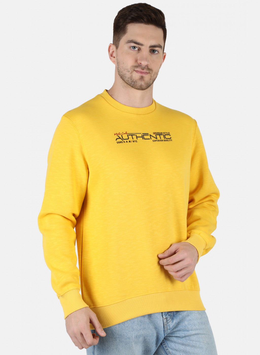 Men Yellow Solid Round Neck Full Sleeve Winter T-Shirt