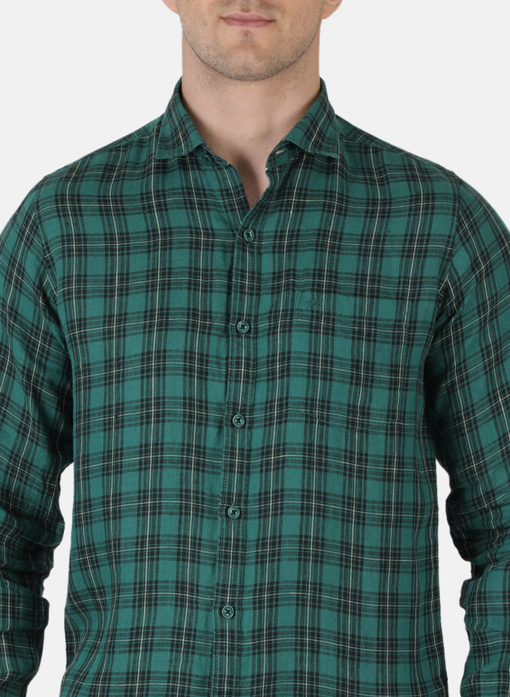 Men Green Check Linen Shirt