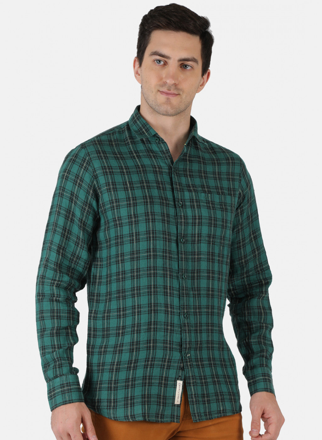Men Green Check Linen Shirt