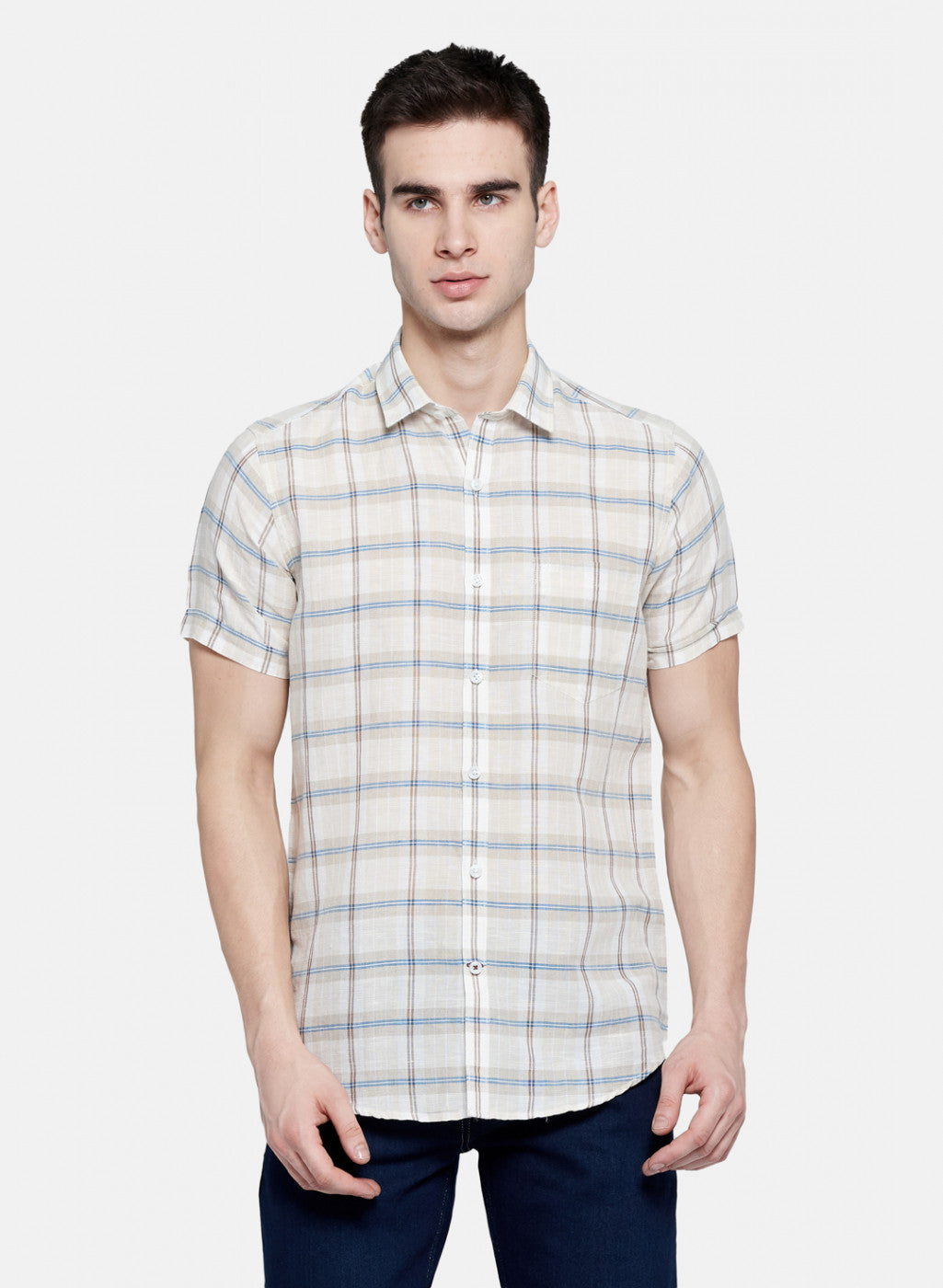 Mens Beige Check Linen Shirt