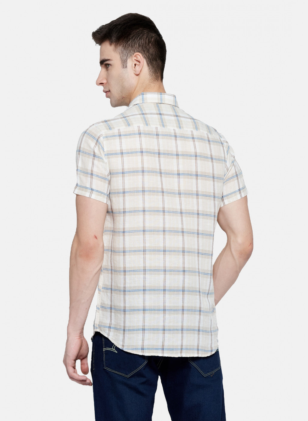 Mens Beige Check Linen Shirt