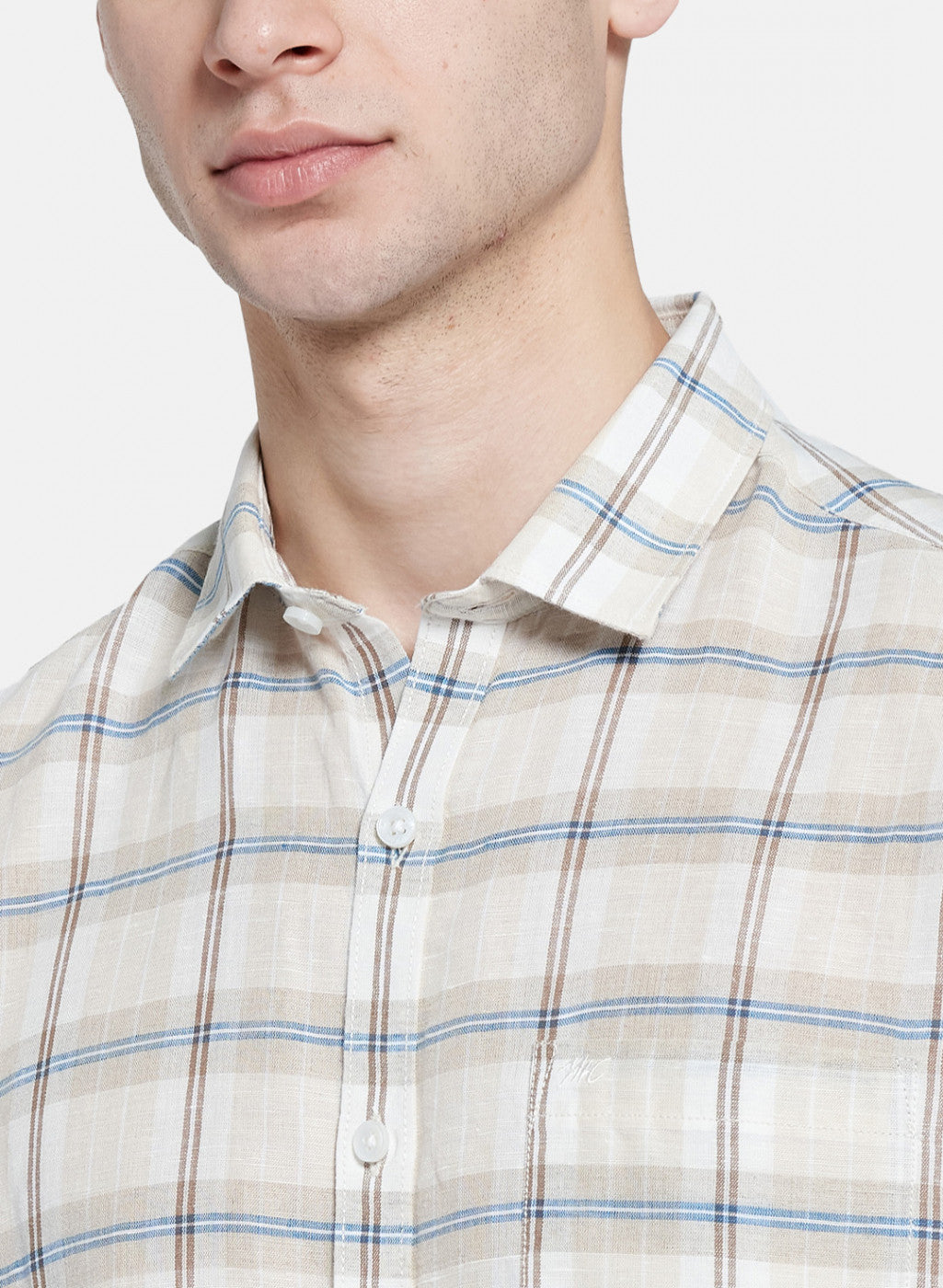 Mens Beige Check Linen Shirt