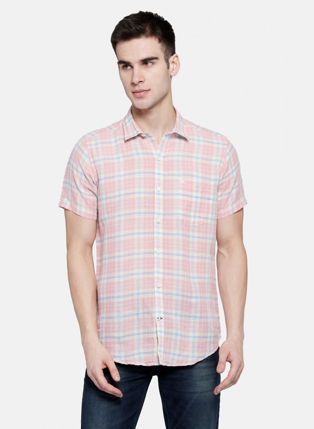 Mens Pink Check Linen Shirt