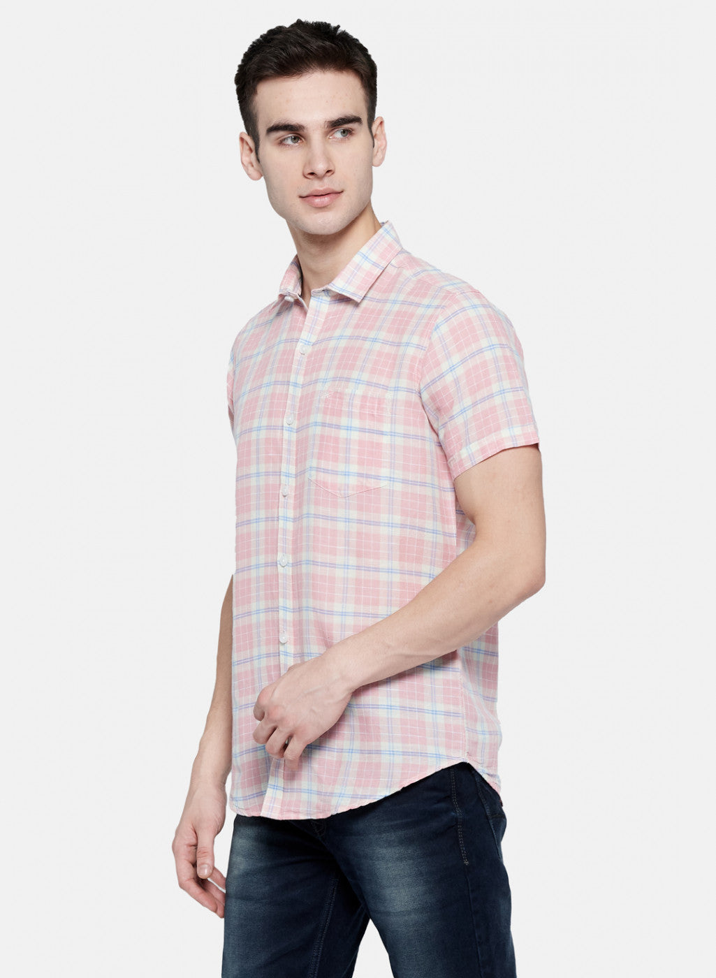 Mens Pink Check Linen Shirt