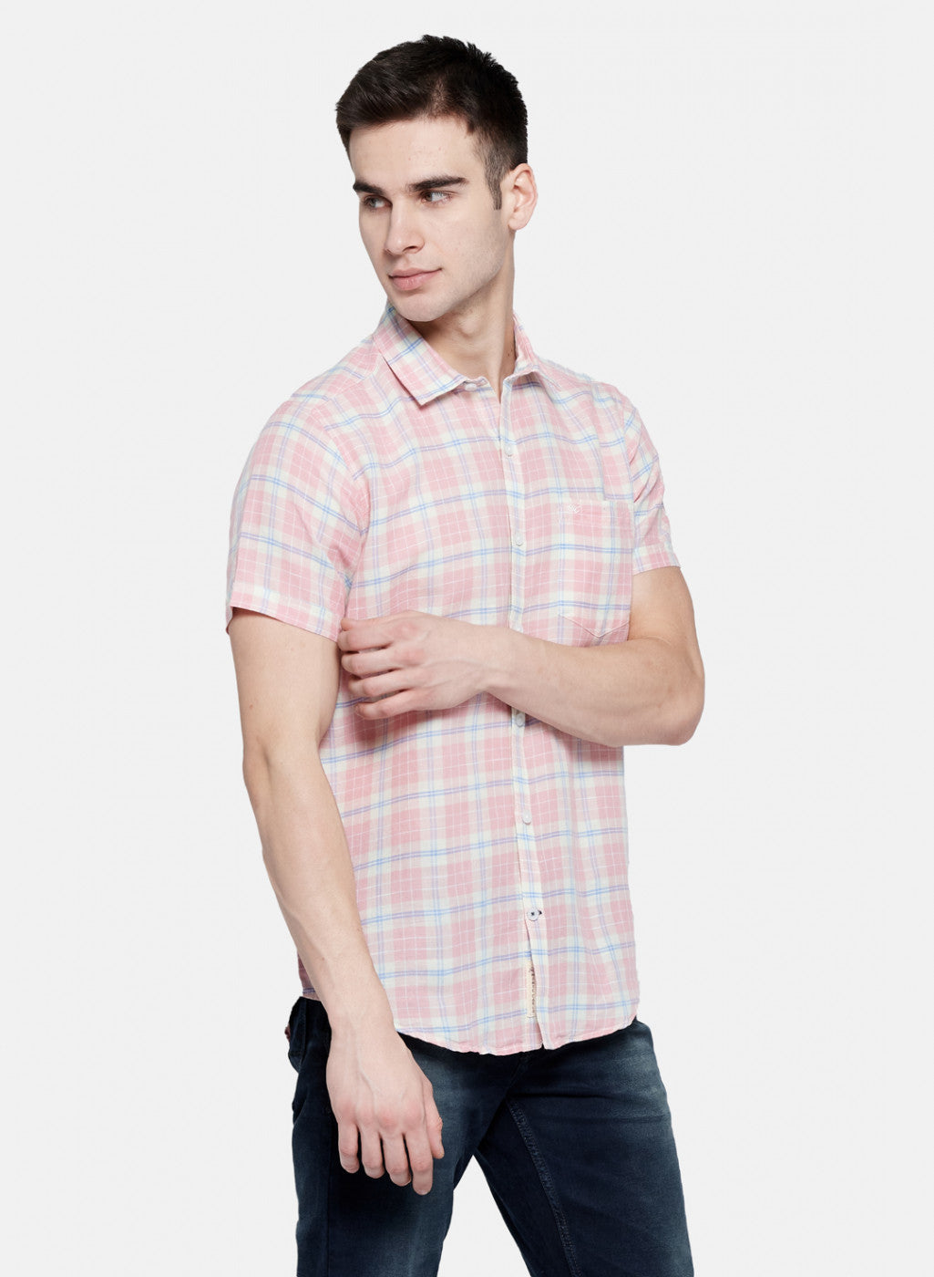 Mens Pink Check Linen Shirt