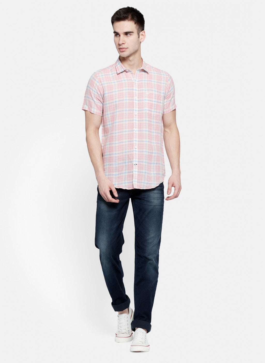 Mens Pink Check Linen Shirt