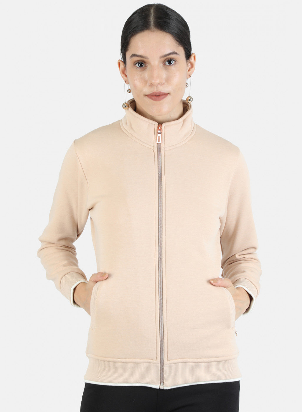 Women Beige Solid Sweatshirt