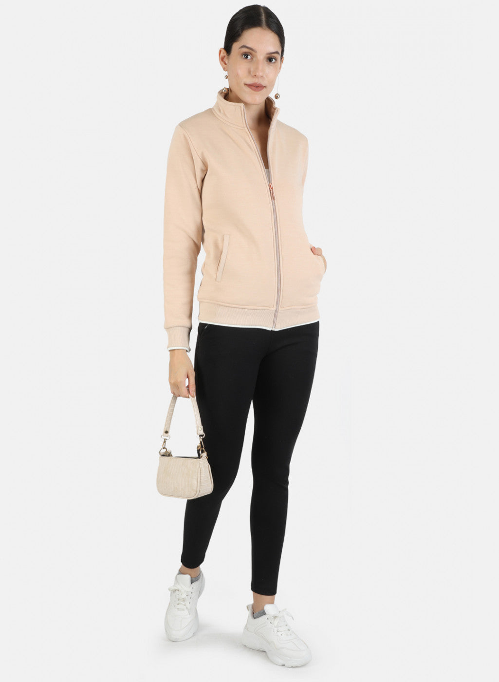 Women Beige Solid Sweatshirt
