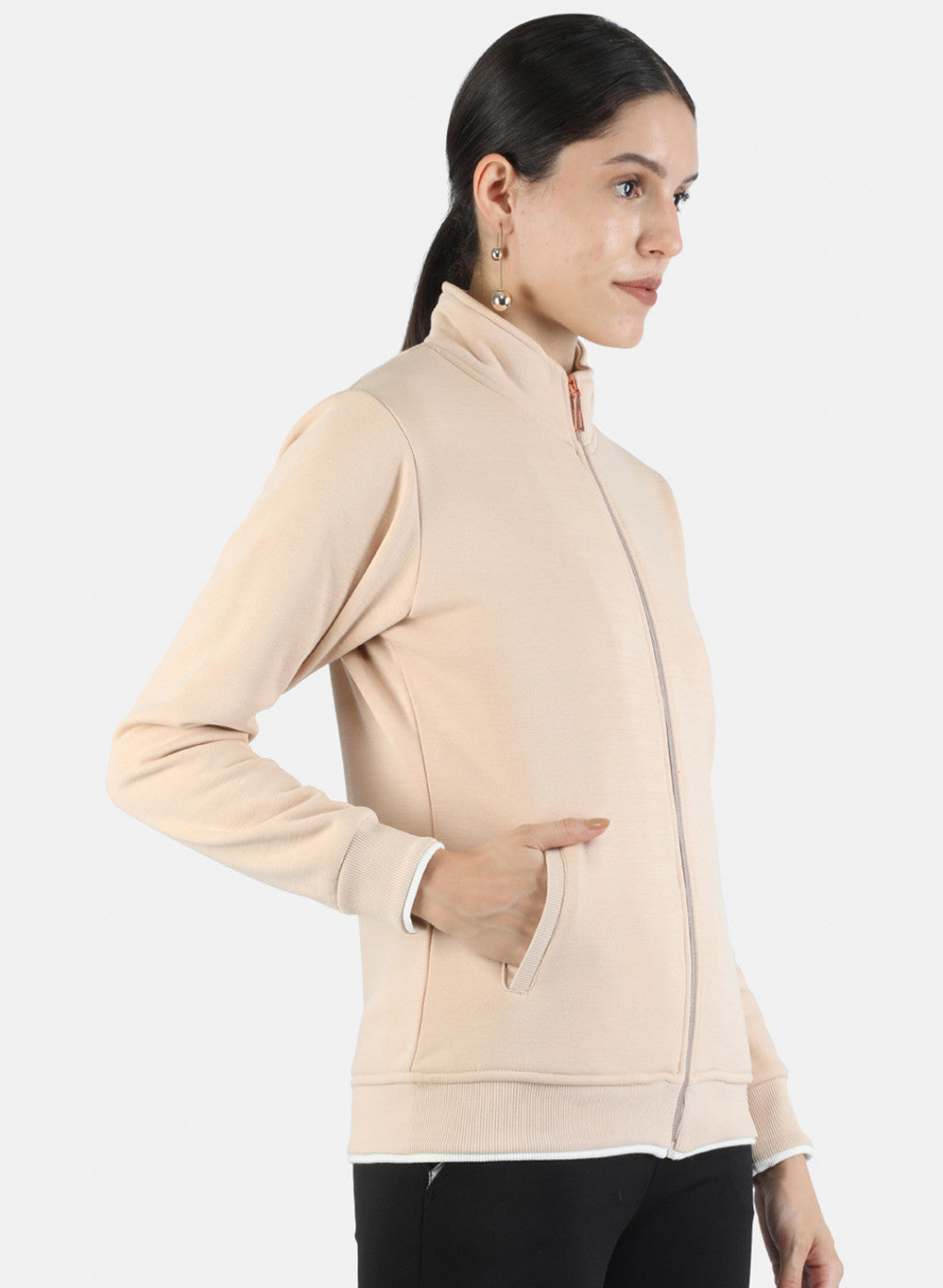 Women Beige Solid Sweatshirt