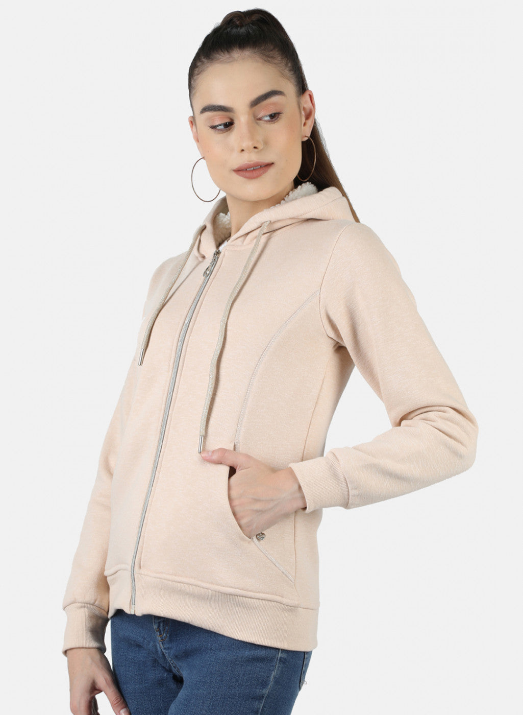 Women Beige Solid Sweatshirt
