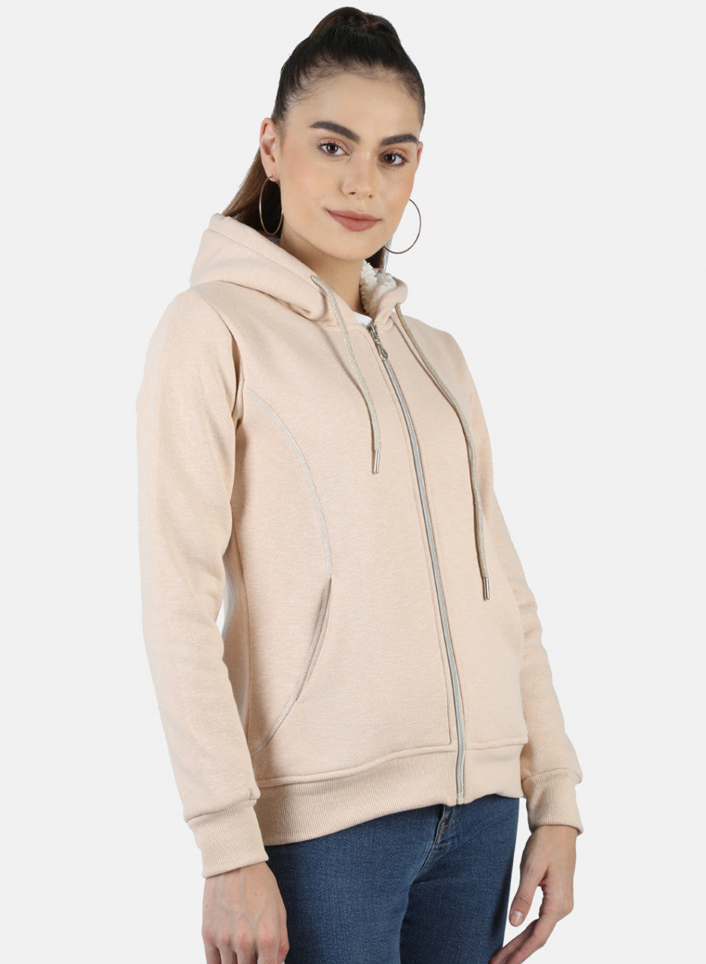 Women Beige Solid Sweatshirt