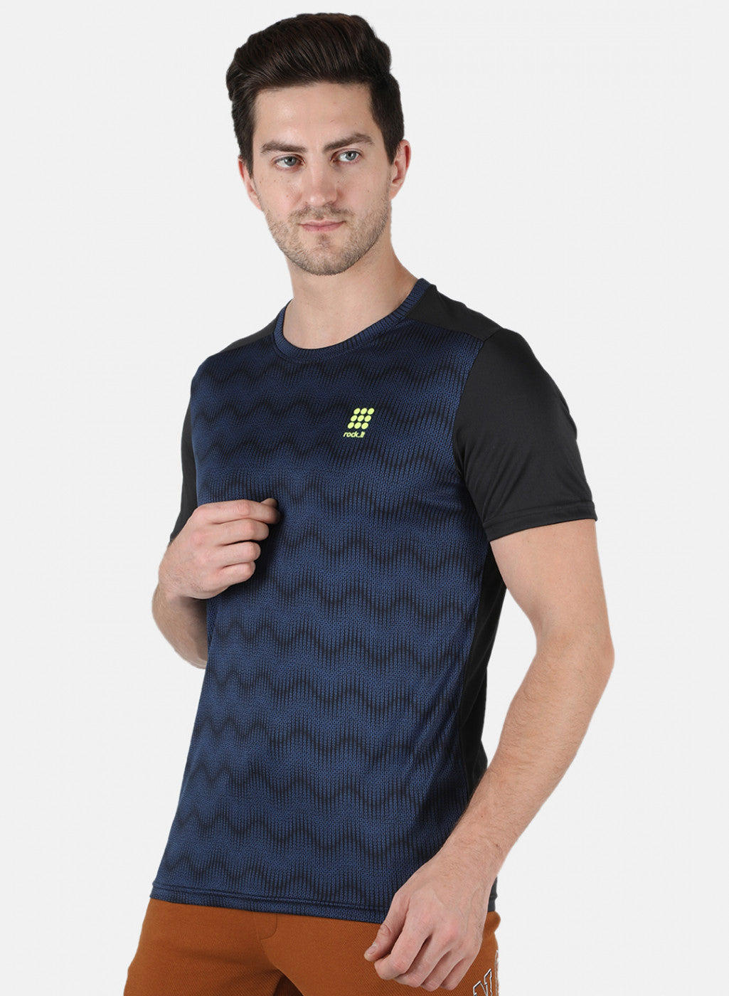 Rock.it Men Navy Blue Self Design Round Neck T-Shirt