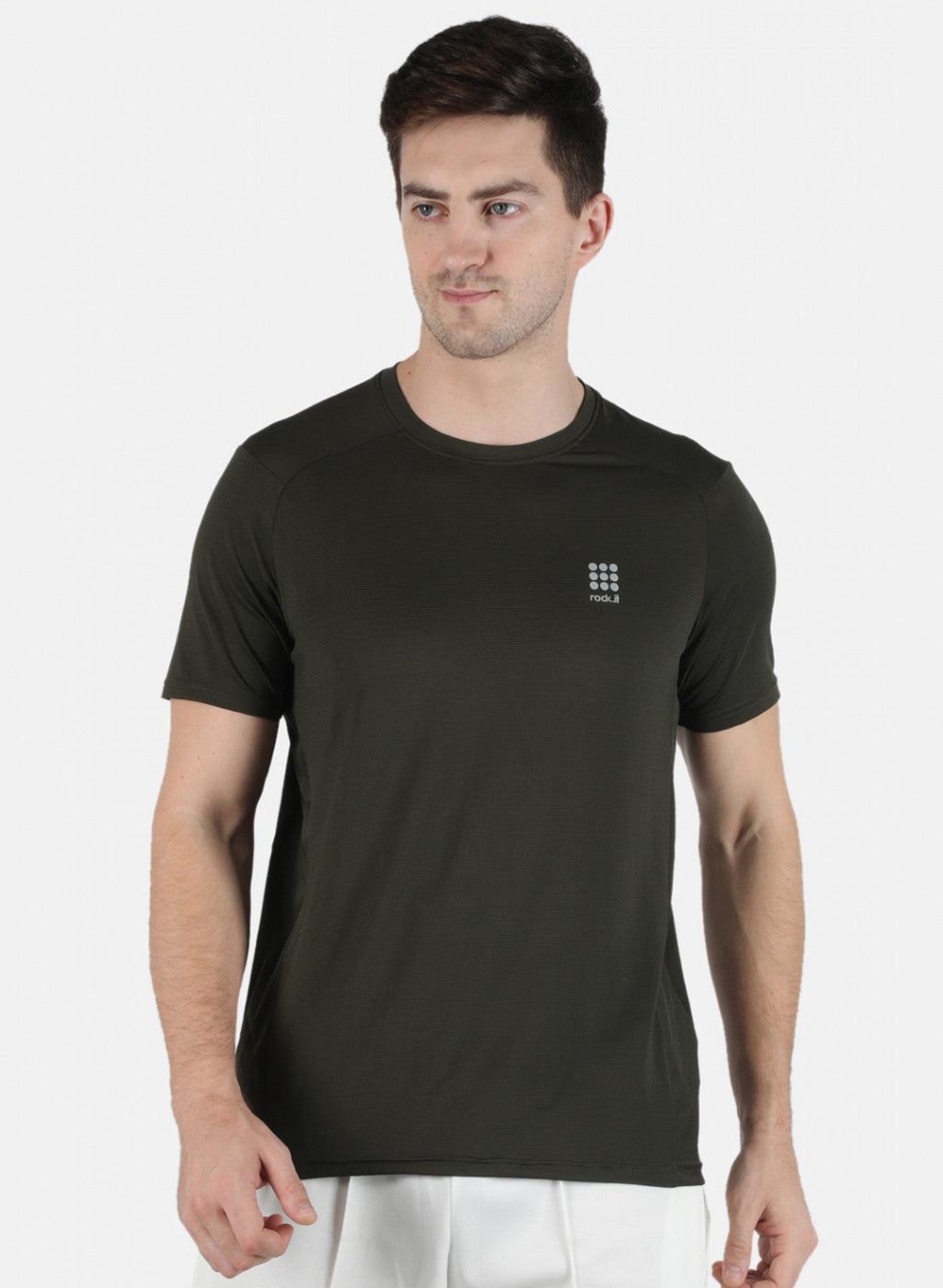 Rock.it Men Olive Self Design Round Neck T-Shirt